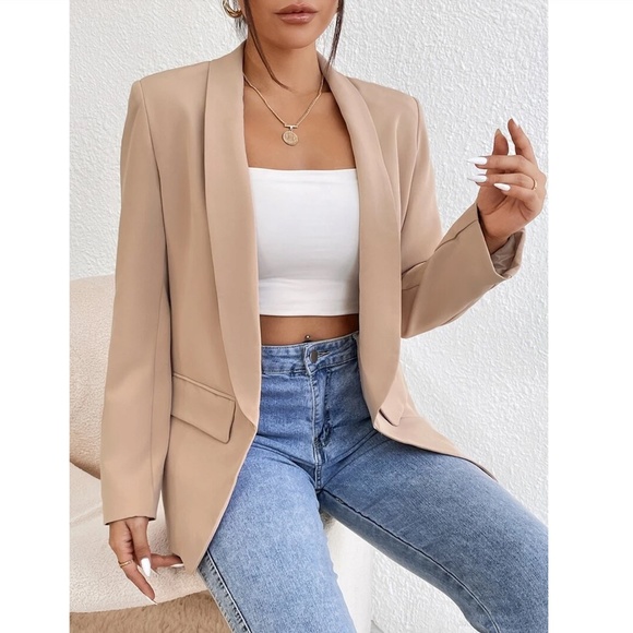 Beige Blazer Jacket Shawl Collar Long Sleeve - Picture 4 of 7